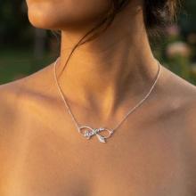 Сребърно колие безкрайност - име по избор с перо и циркони