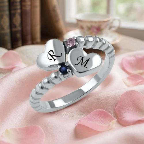  Сребърен Пръстен с гравирани инициали по избор със сърце и циркони