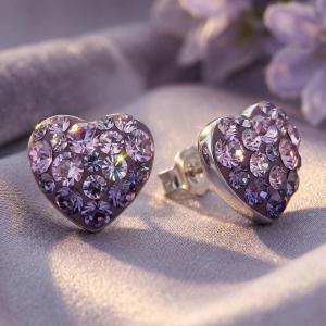 Сребърни обеци сърца с кристали от Sw® SO152 Tanzanite and Violet