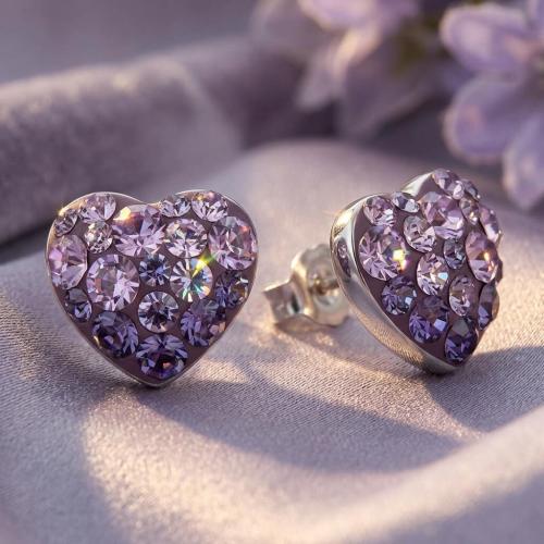 Сребърни обеци сърца с кристали от Sw® SO152 Tanzanite and Violet