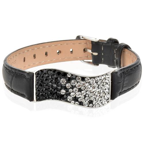 Сребърна гривна с кристали от Sw® SG427 Black and White с черна кожена верижка