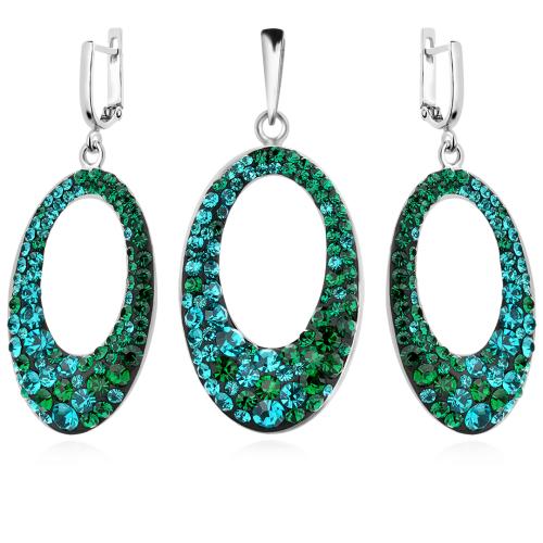 Сребърен комплект обеци и медальон с кристали от Sw® SKM129 Blue Zircon and Emerald