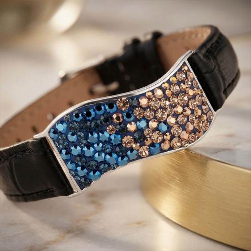 Сребърна гривна с кристали от Sw® SG427 Metallic Rose Gold с черна кожена верижка