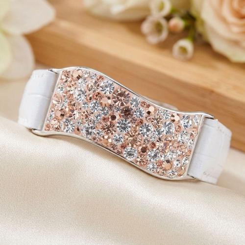 Сребърна гривна с кристали от Sw® SG427 Peach Gold с бяла кожена верижка