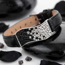 Сребърна гривна с кристали от Sw® SG427 Black and White с черна кожена верижка Сребърна гривна с кристали от Sw® SG427 Black and White с черна кожена верижка
