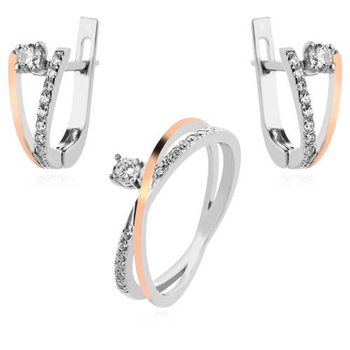 Сребърен Комплект обеци и пръстен със златен обков