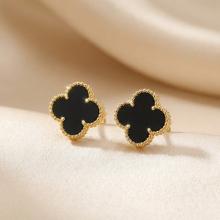 Златни обеци Детелинки с черен оникс 7мм
