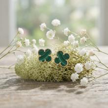 Златни обеци Детелинки с малахит-7мм Златни обеци Детелинки с малахит-7мм