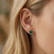Златни обеци Детелинки с малахит-9мм