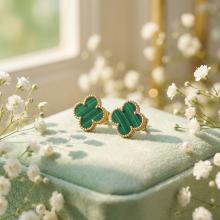 Златни обеци Детелинки с малахит-9мм
