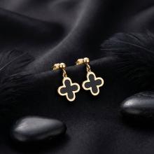 Златни обеци Детелинки с черен оникс