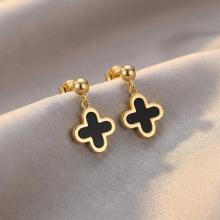 Златни обеци Детелинки с черен оникс