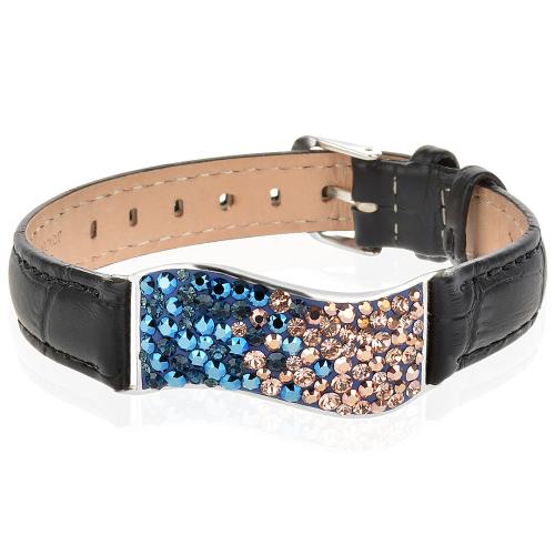 Сребърна гривна с кристали от Sw® SG427 Metallic Rose Gold с черна кожена верижка