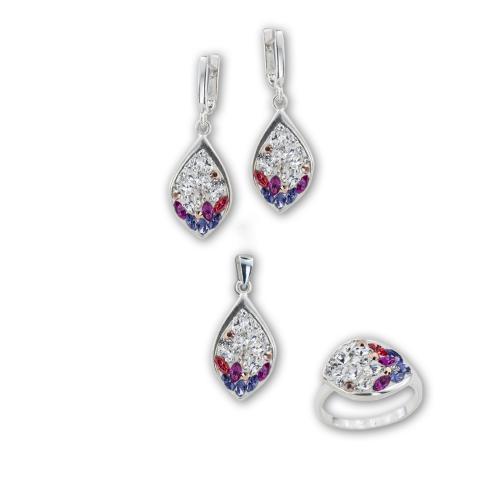 Сребърен комплект обеци, медальон и пръстен с кристали от Sw® SKM148 Colorful Drops2