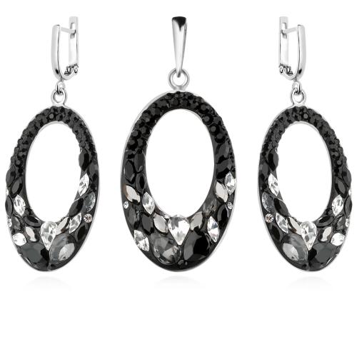 Сребърен комплект обеци и медальон с кристали от Sw® SKM129 Black Marquise