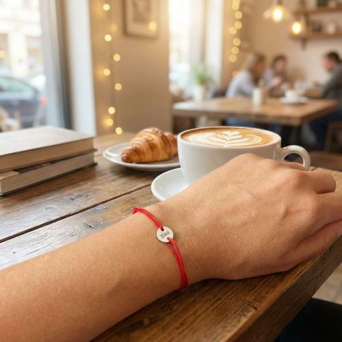 Гривна с червен конец и сребърно кръгче с гравиране по избор