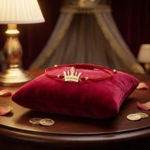 Гривна с червен конец и 14 карата златен елемент корона с гравирано послание Гривна с червен конец и 14 карата златен елемент корона с гравирано послание