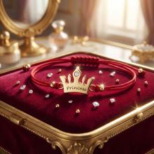 Гривна с червен конец и 14 карата златен елемент корона с гравирано послание Гривна с червен конец и 14 карата златен елемент корона с гравирано послание