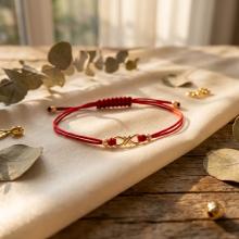 Гривна с червен конец и 14 карата златен елемент безкрайност