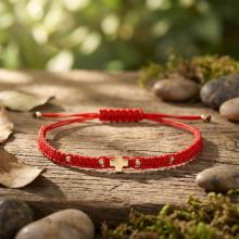 Гривна с червен конец и 14 карата златен елемент кръст B54CZ Гривна с червен конец и 14 карата златен елемент кръст B54CZ