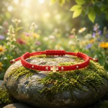 Гривна с червен конец и 14 карата златен елемент кръст B54CZ Гривна с червен конец и 14 карата златен елемент кръст B54CZ