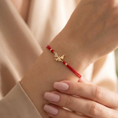 Гривна с червен конец и златен елемент пеперуда с циркони B60