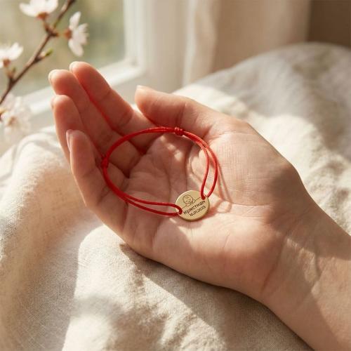 Гривна с червен конец и златен елемент с рождените данни на вашето бебе