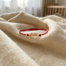 Гривна с червен конец и 14 карата златен елемент бебешка стъпка с име