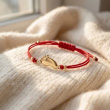 Гривна с червен конец и 14 карата златен елемент бебешка стъпка с име