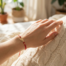 Гривна с червен конец и 14 карата златен елемент бебешка стъпка с име