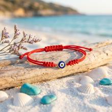 Гривна с червен конец и златен елемент синьо око