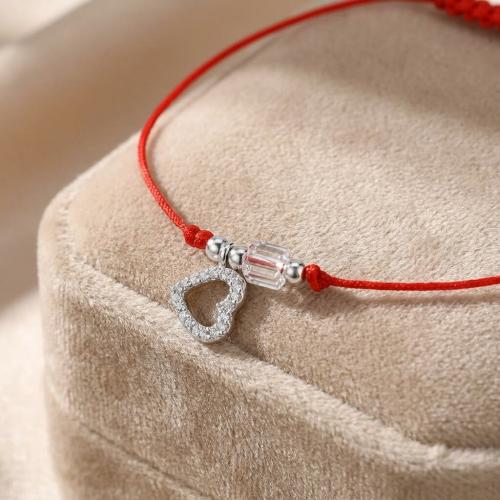 Гривна с червен конец сребърен елемент сърце и бели мъниста