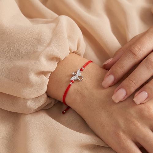 Гривна с червен конец и сребърен елемент ангелче с циркони BT112