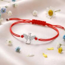 Гривна с червен конец и сребърен елемент ангелче с циркони BT112