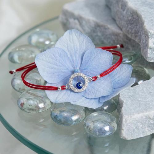 Гривна с червен конец и сребърен елемент синьо око BT17