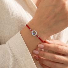 Гривна с червен конец и сребърен елемент синьо око BT17