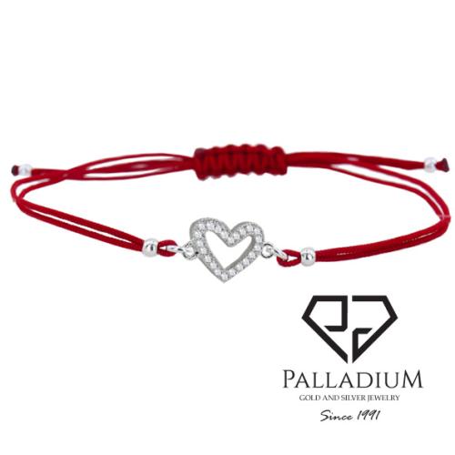 Гривна с червен конец и сребърен елемент сърце с цирконий BT18