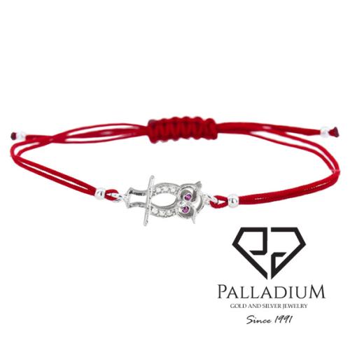 Гривна с червен конец и сребърен елемент сова ВT23