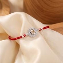 Гривна с червен конец и сребърен елемент сърце с циркони BT29