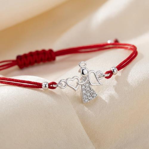 Гривна с червен конец и сребърен елемент ангелче с циркони