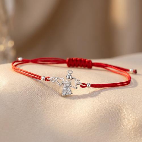 Гривна с червен конец и сребърен елемент ангелче с циркони