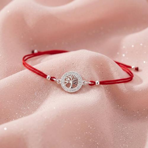 Гривна с червен конец и сребърен елемент Дървото на живота с бели циркони