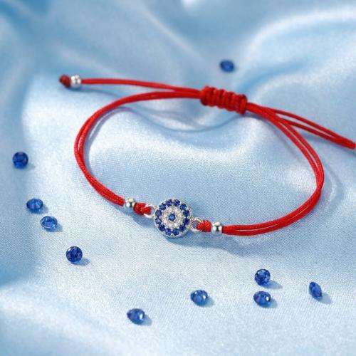 Гривна с червен конец и сребърен елемент синьо око BT92S