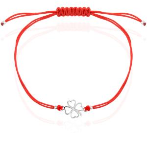 Гривна с червен конец и сребърен елемент детелинка В3