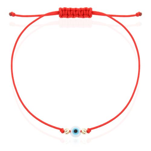 Гривна с червен конец златни топчета и синьо око